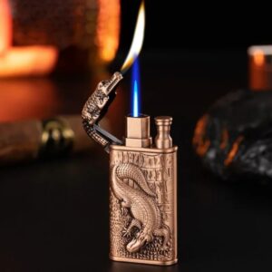 New 3D Relief Dragon Crocodile Double Fire Lighter Metal Windproof Jet Fire Open Fire Conversion Gas Lighter Smoking Men's Gift